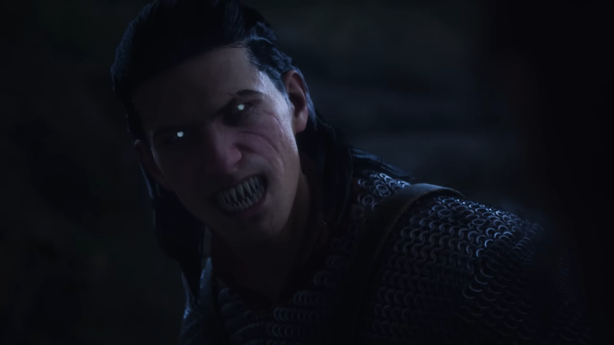 Coen v upírskej forme s vycerenými zubami, screenshot z traileru na The Blood of Dawnwalker