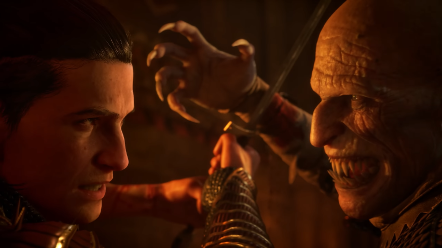 Detail Coenovej a upírovej tváre, screenshot z traileru na hru The Blood of Dawnmaker