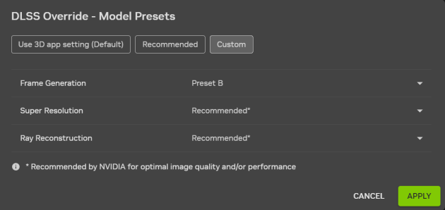 Nastavení DLSS Frame Generation v NVIDIA APP, screenshot z aplikace