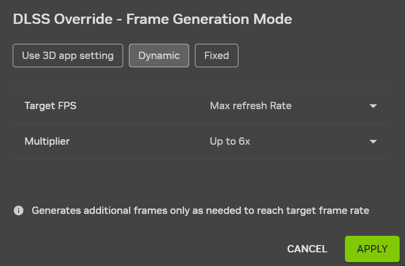 Nastavení Dynamic MFG v NVIDIA APP, screenshot z aplikace