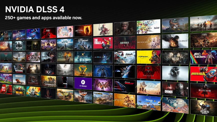 Nápis NVIDIA DLSS 4, blok snímků z různých her a aplikací