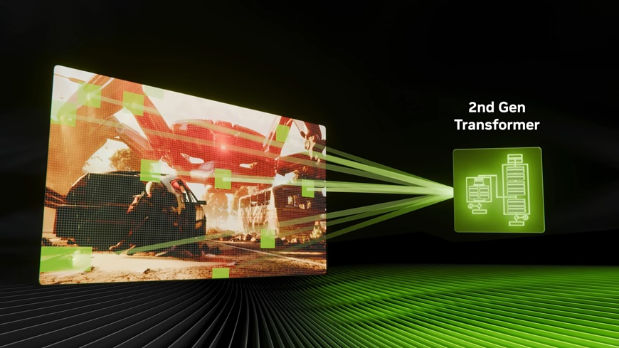 Nápis Transformer druhé generace, z nějž se promítají zelení body na velký snímek na obrazovce, screenshot z videa představujícího NVIDIA DLSS 4.5