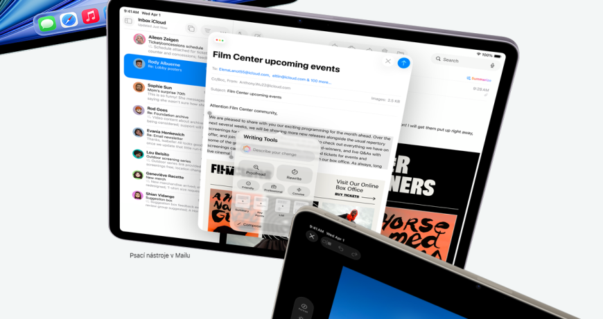 Ukážka nástrojov na písanie v aplikácii Mail na Apple iPad
