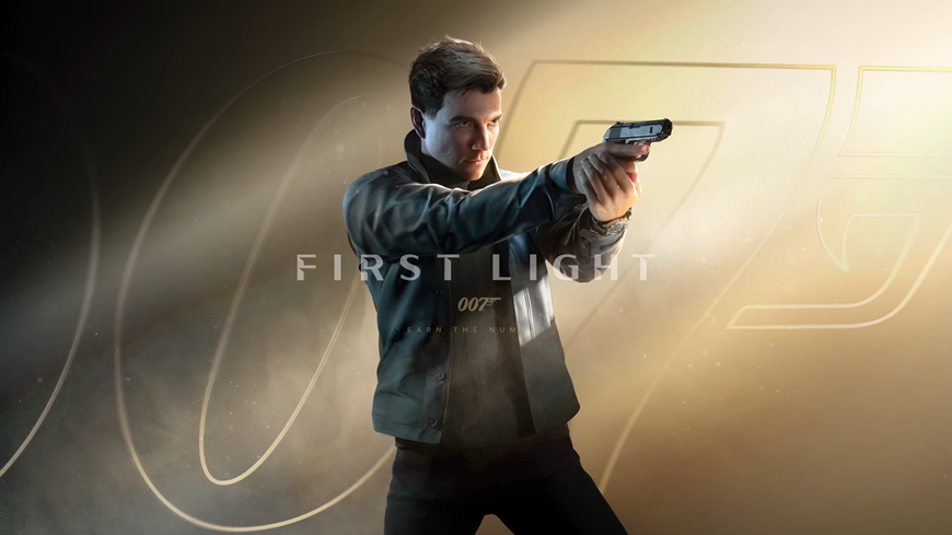 007 First Light: Spoznaj začiatky Jamesa Bonda a odhaľ sprisahanie! Postava Jamesa Bonda mieri zbraňou, na pozadí je nápis 007, screenshot z traileru na hru 007 First Light