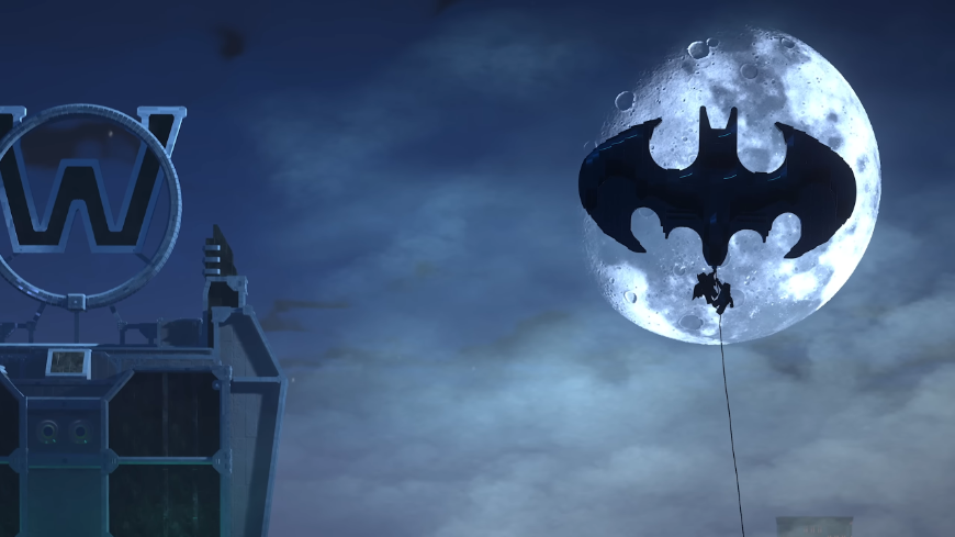 LEGO Batman: Legacy of the Dark Knight – Gotham z kociek ťa potrebuje! Netopieria silueta na pozadí mesiaca