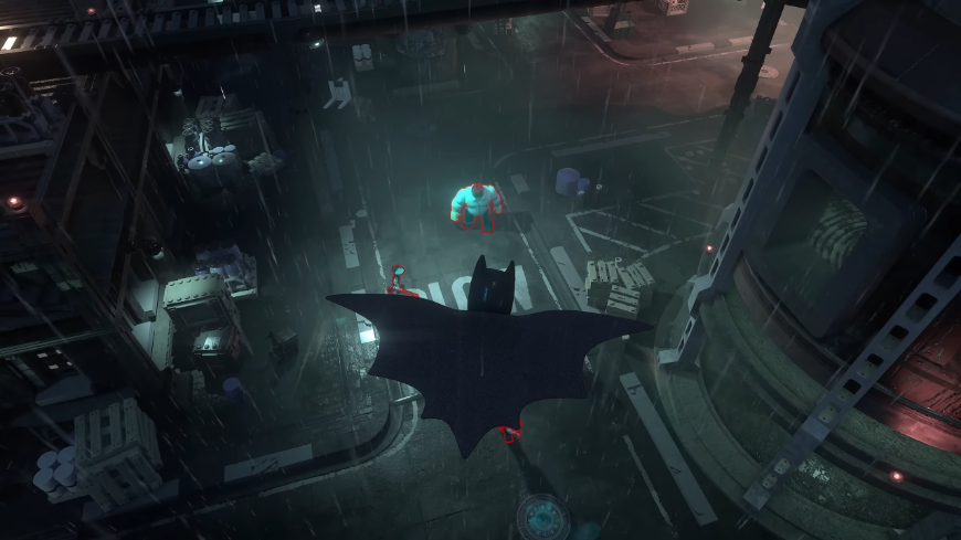 LEGO Batman: Legacy of the Dark Knight – Gotham z kociek ťa potrebuje! LEGO Batman sa vznáša nad mestom s rozviatym plášťom a monitoruje postavy pod sebou