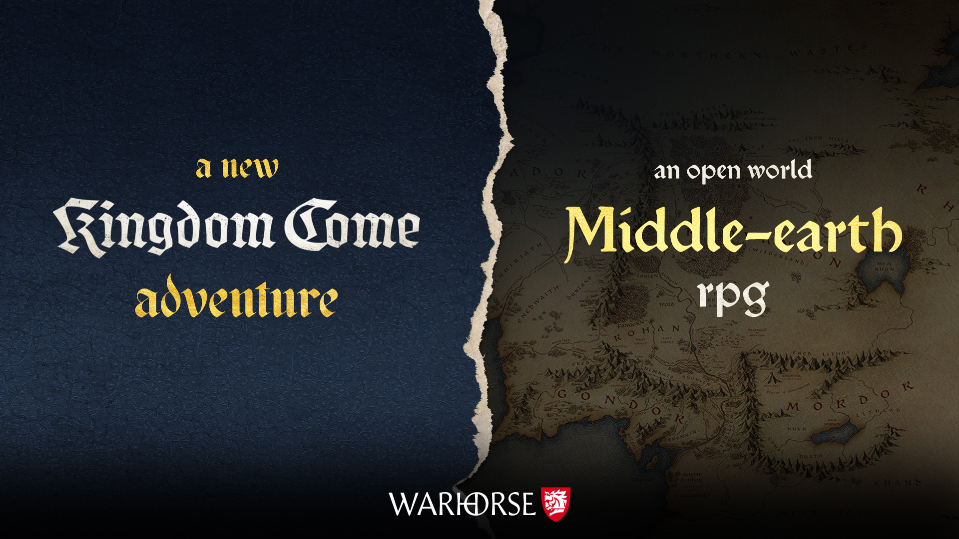 Warhorse chystá ďalšie dobrodružstvo Kingdom Come aj novú hru zo Stredozeme Obrázok je rozdelený napoly, vľavo oznámenie novej hry KCD, vpravo oznámenie hry zo sveta Stredozeme s otvoreným svetom, logo Warhorse Studios
