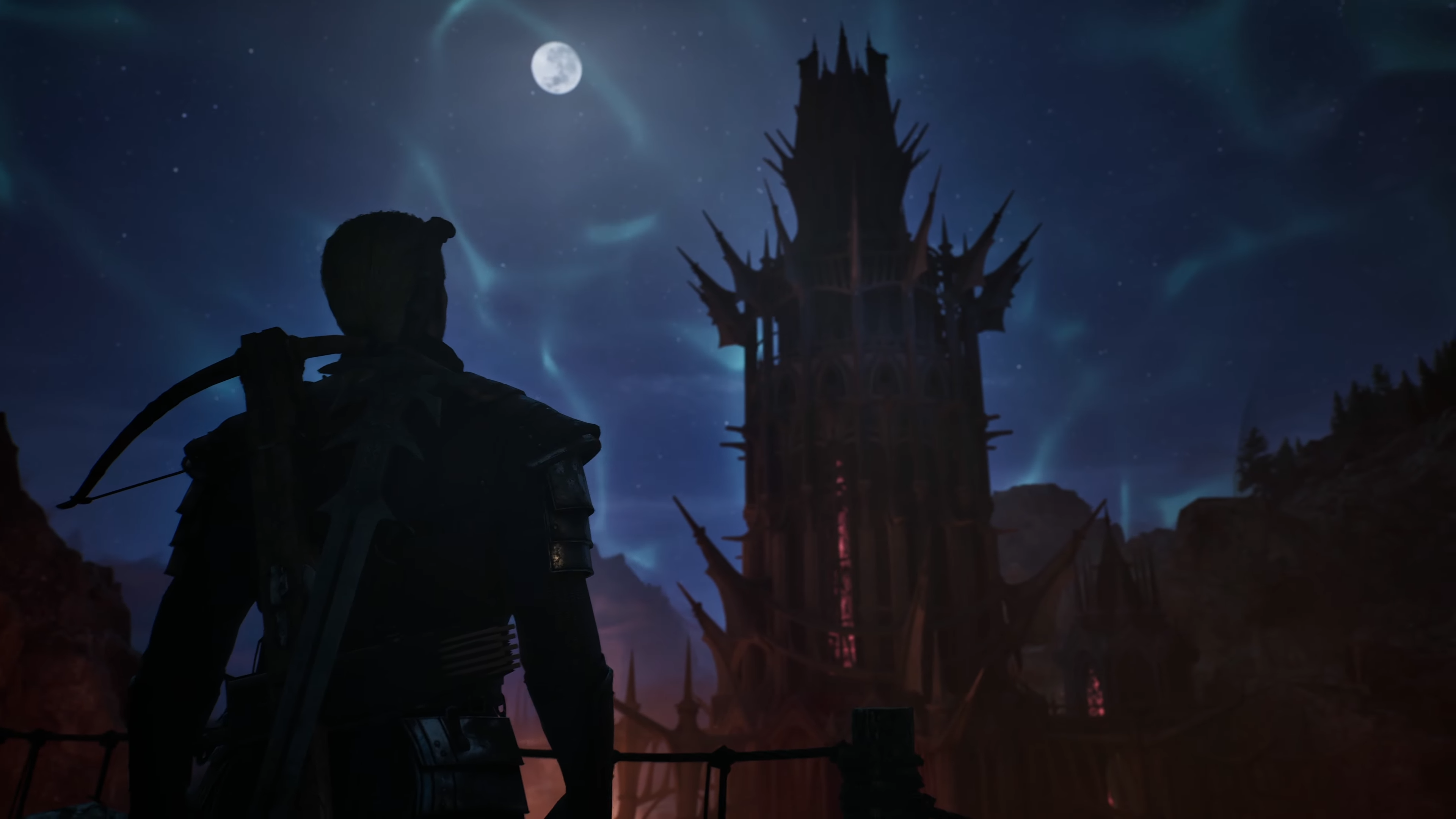 Screenshot z traileru na hru Gothic Remake, silueta postavy stojacej pred vežou uprostred noci