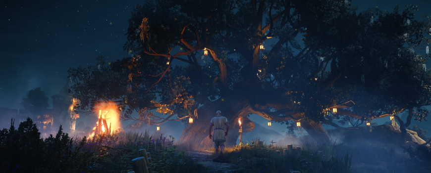 Tretie DLC pre Zaklínača 3: Songs of the Past rozochvejú zaklínačské medailóny budúci rok (aktualizované) Geralt kráča k stromu ovešanému svetlami, vľavo je horiaci oheň