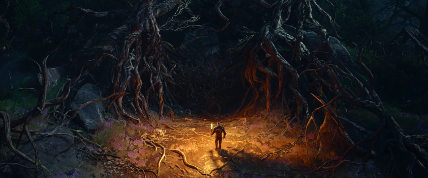 Tretie DLC pre Zaklínača 3: Songs of the Past rozochvejú zaklínačské medailóny budúci rok (aktualizované) Geralt v tme s pochodňou kráča k jaskyni obrastenej koreňmi