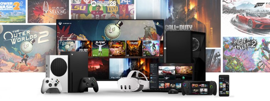 Xbox Game Pass – naskoč na zelenú hernú vlnu Televízor, Xbox X, VR set, handheldy, mobil a ďalšie zariadenia na pozadí koláže z obrázkov z videohier