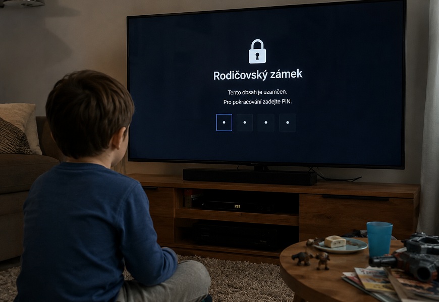 Ako nastaviť rodičovskú kontrolu na inteligentných zariadeniach? Chlapec sedí pred televíziou, na ktorej svieti rodičovský zámok.