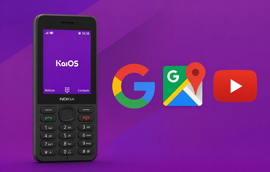 Nokia s operačným systémom KaiOS, vedľa sú ikony aplikácií Google a YouTube