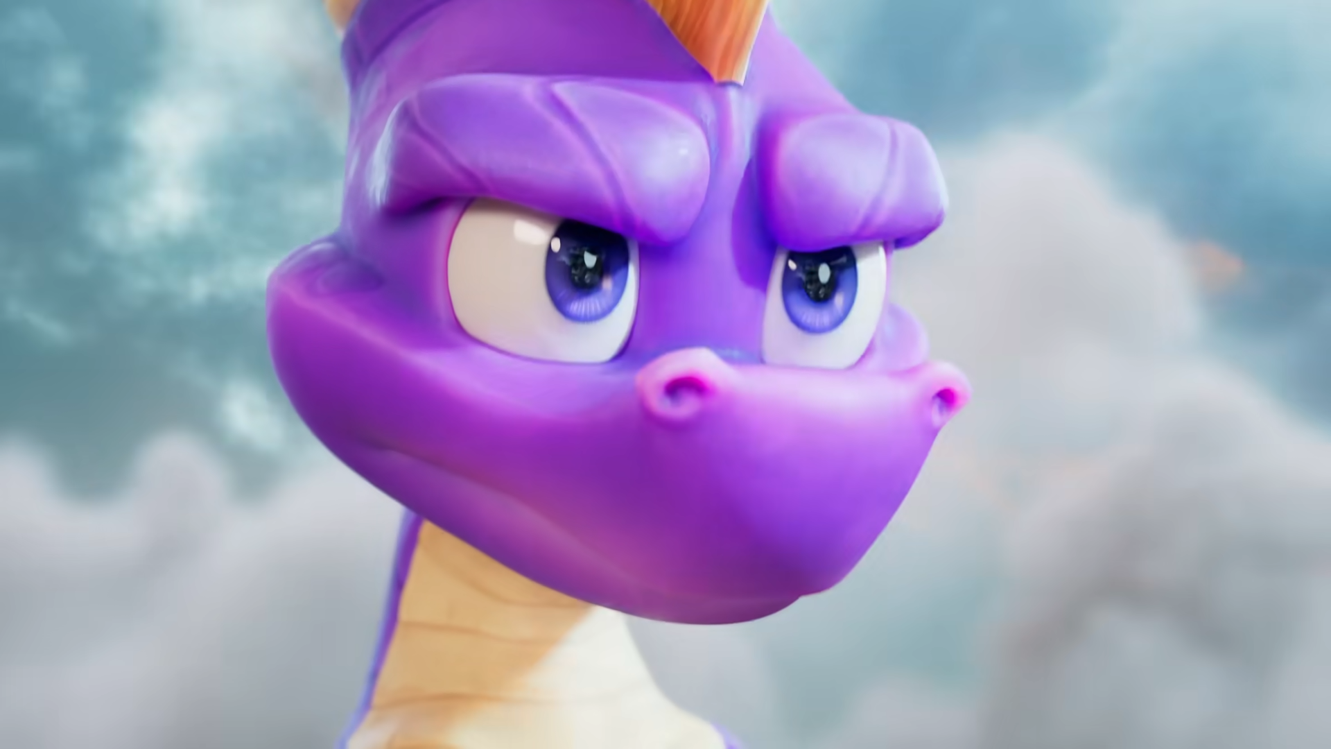 Fialový dráčik Spyro, pohľad zblízka na tvár