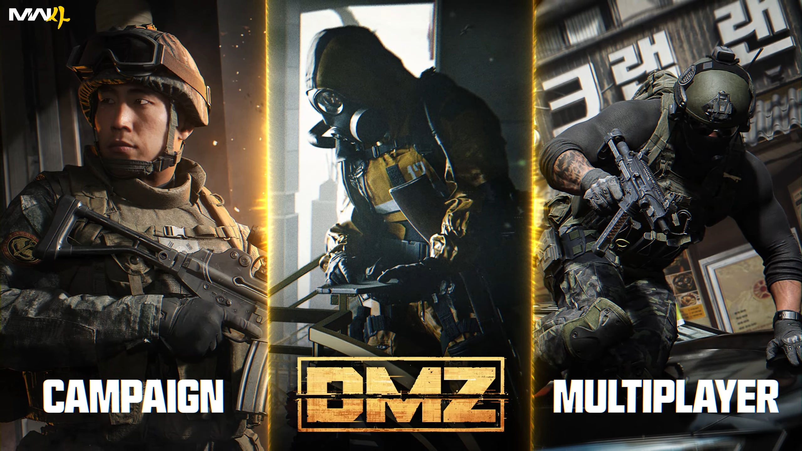 Tri zábery vojakov z Call of Duty vedľa seba, vľavo nápis campaign, uprostred dmz, vpravo multiplayer