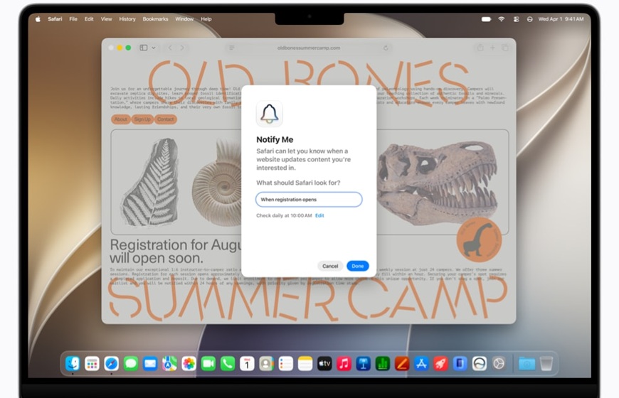 Ukážka možností práce s pomocou Apple Intelligence – prehliadač Safari, strážiaci aktualizáciu obsahu na danej webovej stránke