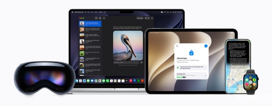 Ukážka podporovaných zariadení Apple - Apple Vision, Mac, iPad, iPhone, Apple Watch