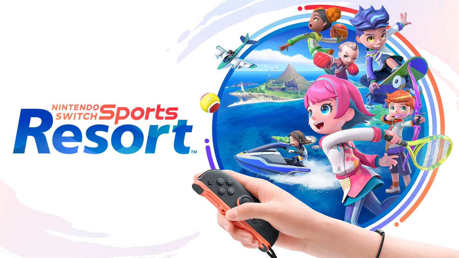 Nintendo Direct: Remake Zeldy, Star Fox i Kingdom Hearts IV Logo Nintendo Switch Sports Resort, ruka drží ovladač Nintendo, na pozadí jsou postavičky ze hry
