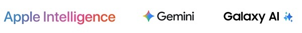 Čo dokážu AI funkcie v mobilných telefónoch? Logo Apple Intelligence, Google Gemini a Galaxy AI.