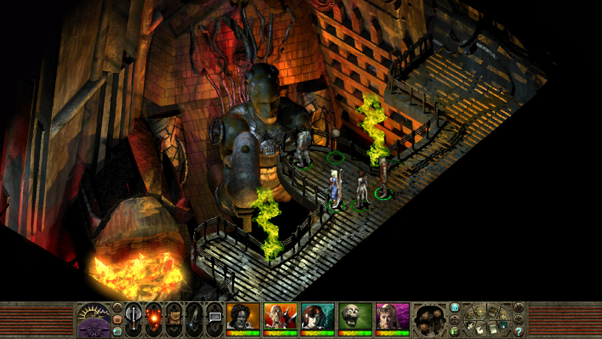 Blizzard in Baator: Fanúšikovské DLC vracia RPG klasiku Planescape do hry Screenshot z hry Planescape: Torment, tri postavy stoja pri veľkej soche, dole je ovládacia lišta
