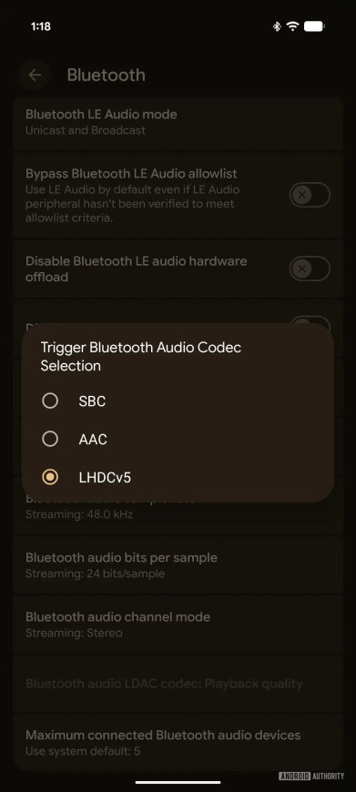 screenshot z mobilu s krokom pre nastavenie audio kodeku LHDC V5