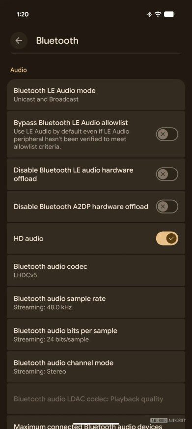 screenshot z mobilu s krokom pre nastavenie audio kodeku LHDC V5