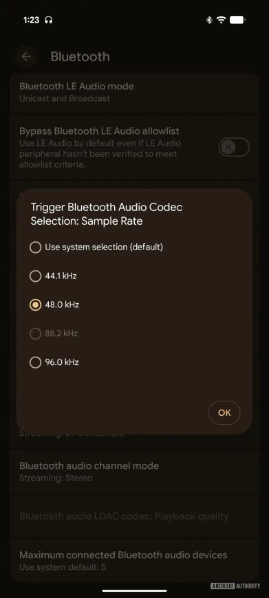 screenshot z mobilu s krokom pre nastavenie audio kodeku LHDC V5