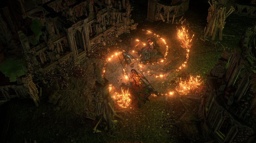 Path of Exile 2: Naostri svoje herné tabuľky Boj ve hře Path of Exile 2, kolem bojujících postav je ohnivý vír