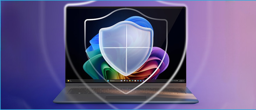 Koniec podpory Windows 10: Objavte novú éru bezpečia a produktivity s Windows 11 Pro a Copilot+ PC logo obranného štítu na notebooku so systémom Windows 11 Pro