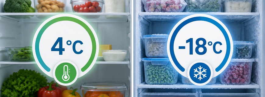 Ako nastaviť ideálnu teplotu v chladničke a mrazničke? Vľavo symbol pre teplotu 4 ° C. V pozadí vnútro chladničky. Vpravo symbol pre teplotu -18 °C. V pozadí vnútro mrazničky.