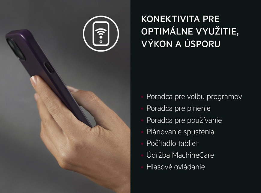 Ruka s mobilným telefónom v ruke. Vedľa výpis benefitov používania mobilnej aplikácie AEG.