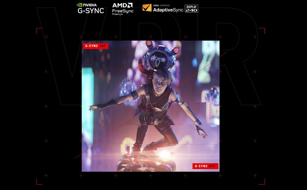 Ako vybrať herný monitor? Obraz s hrou je rozdelený na časť so zapnutou funkciou G-Sync (kvalitnejší obraz bez trhania) a časť s vypnutou G-Sync (trhaný, rozkockovaný obraz), nad záberom sú logá NVIDIA G-Sync, AMD FreeSync, VESA Certified AdaptiveSync