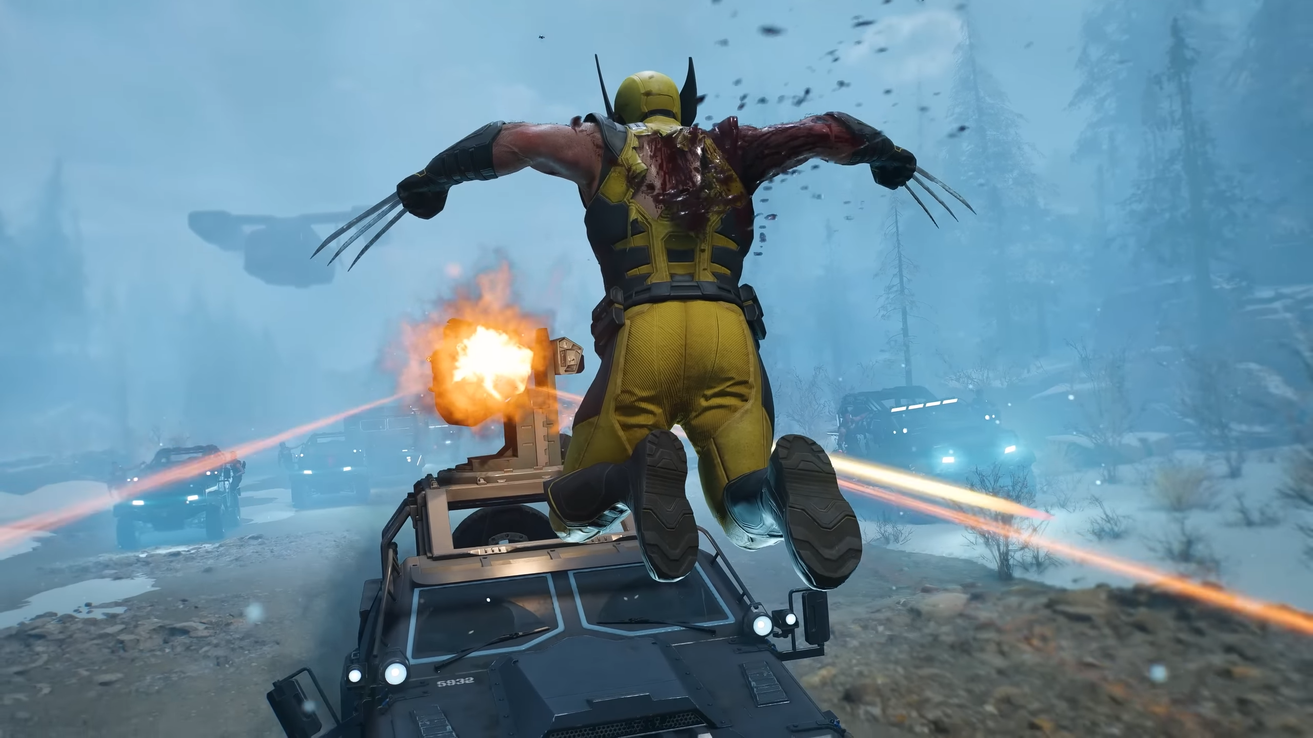 Marvel’s Wolverine: Akčná rezačka so srdcom na správnom mieste exkluzívne pre PS5 Wolverine v skoku nad prichádzajúcimi autami, na pozadí je výbuch