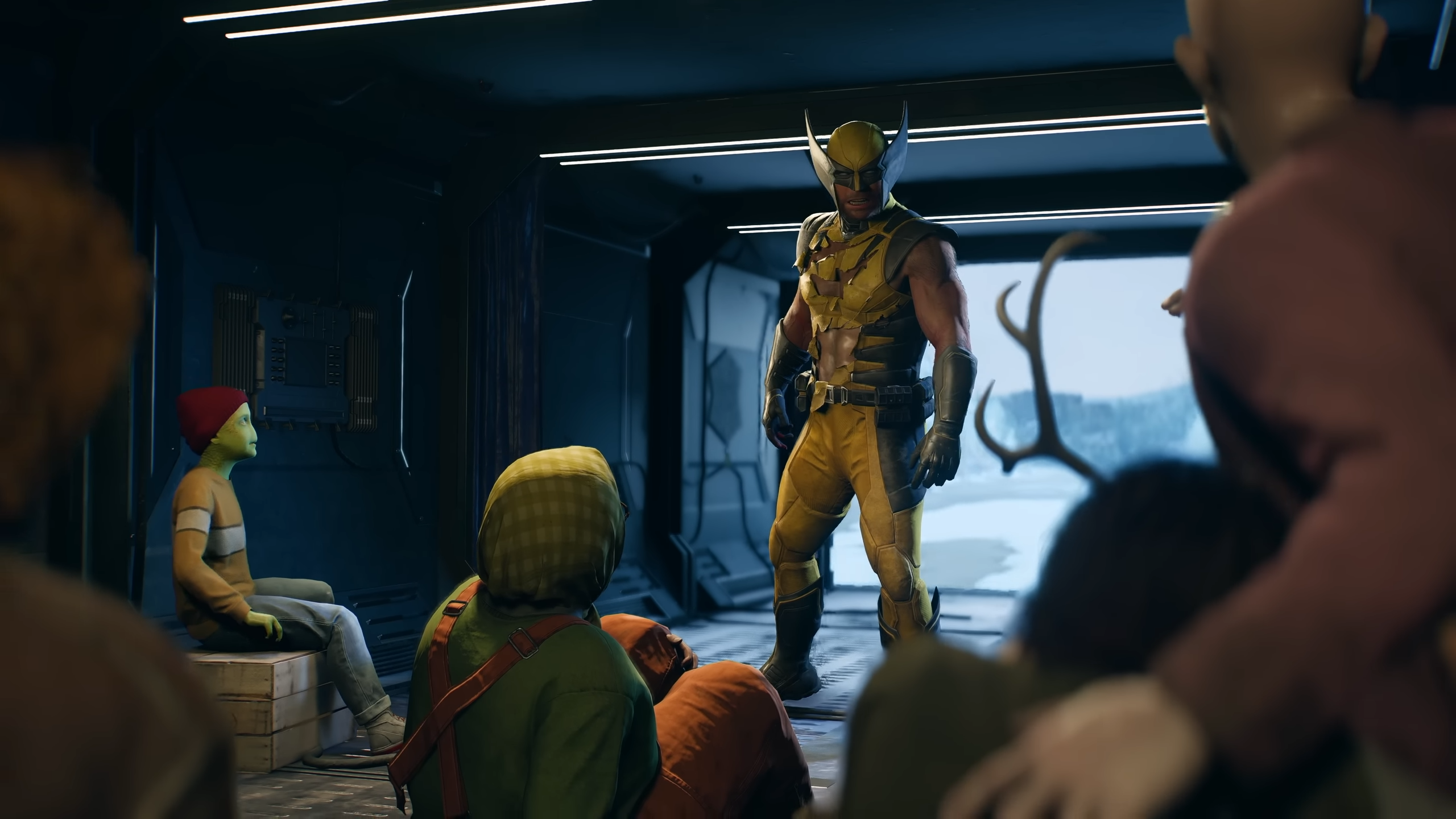 Marvel’s Wolverine: Akčná rezačka so srdcom na správnom mieste exkluzívne pre PS5 Wolverine stojí v otvorenom nákladnom priestore auta, pred ním sedí niekoľko mutantov