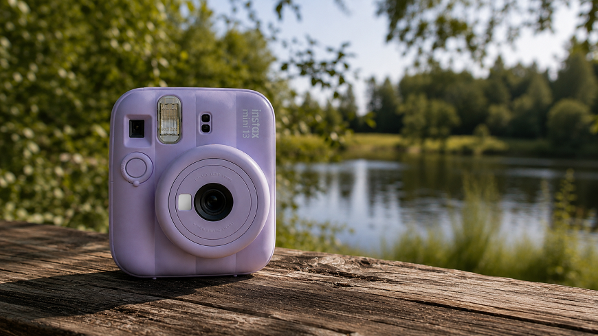 fotoaparát instax Mini 13 položený na lavičke s pozadím rybníka