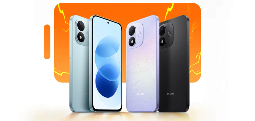 Modely Redmi Note 17 a Redmi Note 17 v rôznych farebných variantoch s oranžovým pozadím.