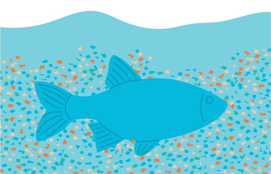 Ilustrácia ryby, ktorá pláva vo vode plnej mikroplastov