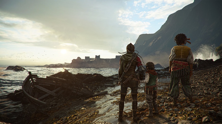 Postavy z hry A Plague Tale: Requiem stoja na pobreží a pozerajú sa na more
