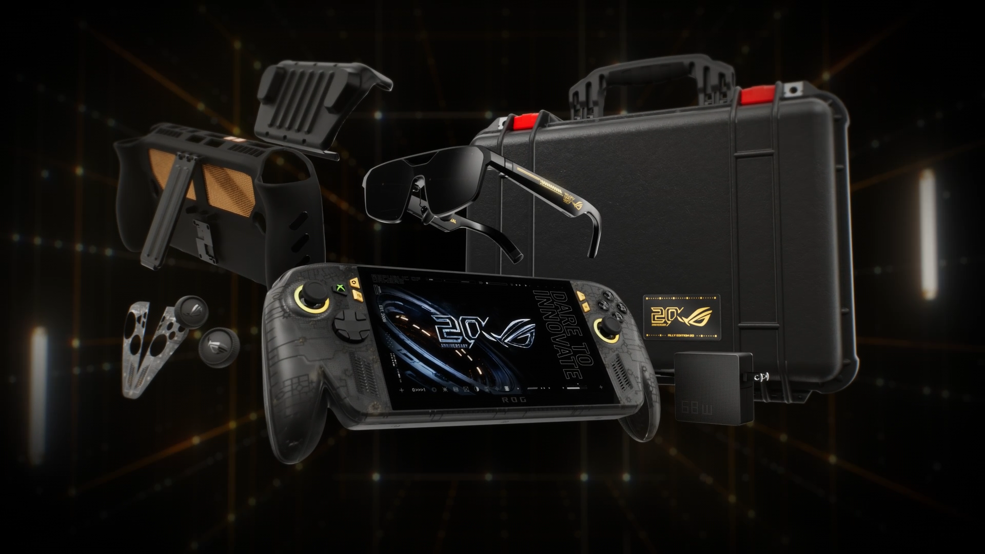 ROG XBOX Ally X20: Nový limitovaný herný handheld a herný set oslavuje 20 rokov ROG Herný set ROG XBOX Ally X20: vo vzduchu sa vznáša handheld, AR okuliare, ochranné puzdro a ďalšie príslušenstvo