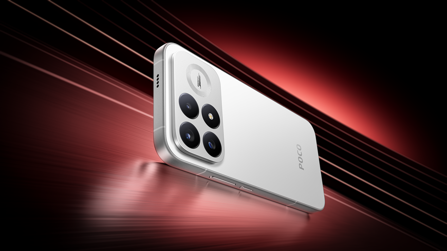 Novinky POCO F9 Pro a POCO F9 Ultra zaujmú obrovskou batériou aj procesorom Snapdragon 8 Elite Gen 5 Bílý telefon řady POCO F9 na abstraktním pozadí