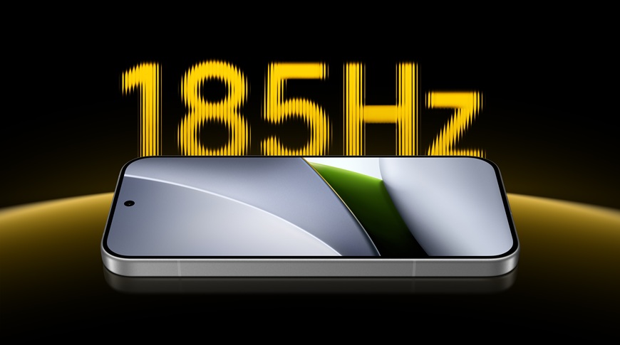 Novinky POCO F9 Pro a POCO F9 Ultra zaujmú obrovskou batériou aj procesorom Snapdragon 8 Elite Gen 5 Ležiaci telefón POCO F9 Ultra na grafickom pozadí s nápisom 185 Hz