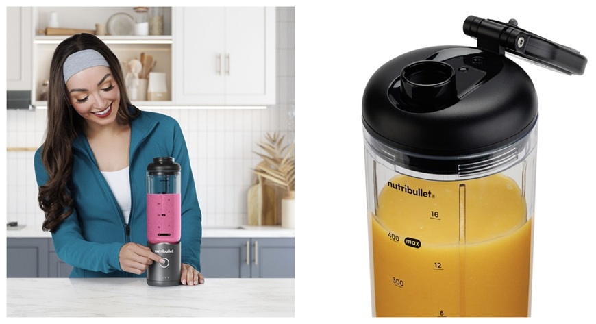 vľavo žena s nutribullet flex mixérom na kuchynskom pulte, vpravo detail nádoby mixéra nutribullet flex
