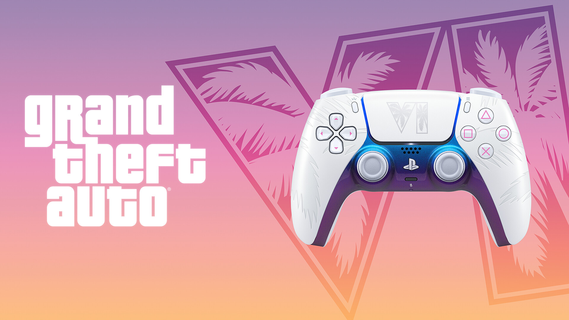 DualSense pre GTA VI: limitovaná edícia v štýle Vice City Biely ovládač DualSense GTA VI, vľavo je logo GTA Vi