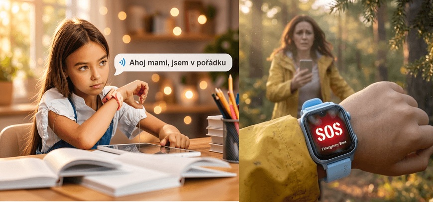 Vľavo sedí dievčatko v školskej lavici a volá cez hodinky mame. Vpravo sú hodinky Carneo GuardKid+ s SOS tlačidlom.