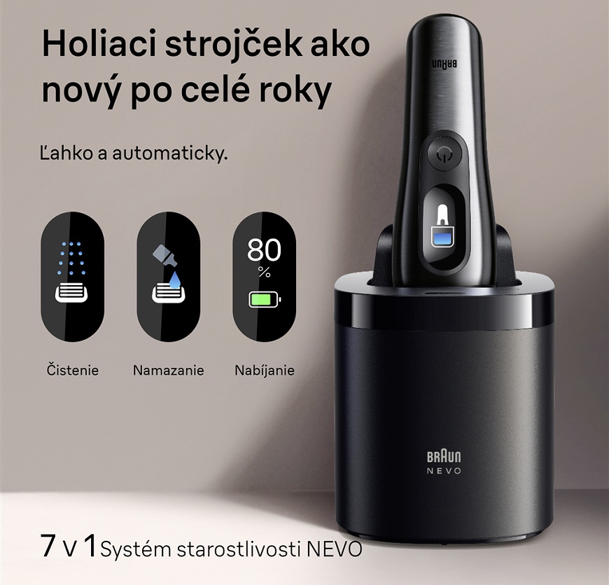 Vstúpte do novej éry dokonale hladkej pokožky s holiacim strojčekom Braun NEVO Braun NEVO v čistiacej stanici 7 v 1.