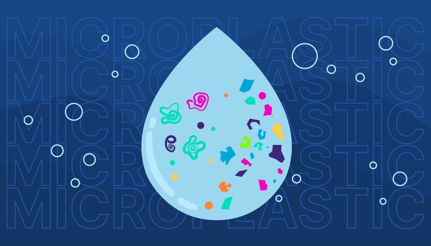☘️Mikroplasty v praní: Čo sa deje s oblečením v práčke? Ilustrácia kvapky vody s mikroplastami na tmavomodrom pozadí