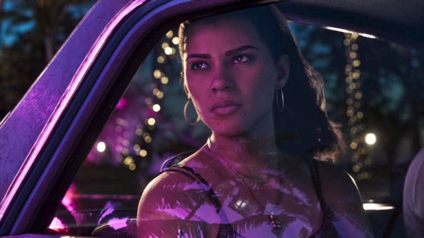 Prvé tóny z Vice City: Soundtrack GTA VI odhaľuje nové songy a fyzické vydanie Lucia sedí v aute a pozerá sa von z okienka, v ktorom sa odrážajú nočné svetlá Vice City