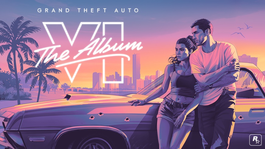 Prvé tóny z Vice City: Soundtrack GTA VI odhaľuje nové songy a fyzické vydanie Artwork k albumu GTA VI, na pozadí západu slnka stoja Jason a Lucia, vedľa je logo GTA VI