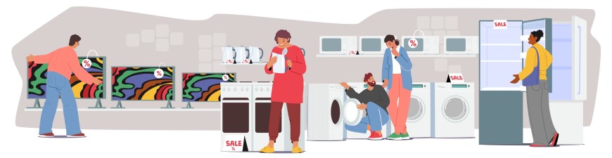 Ilustrácia nákupu nového elektronického zariadenia v obchode