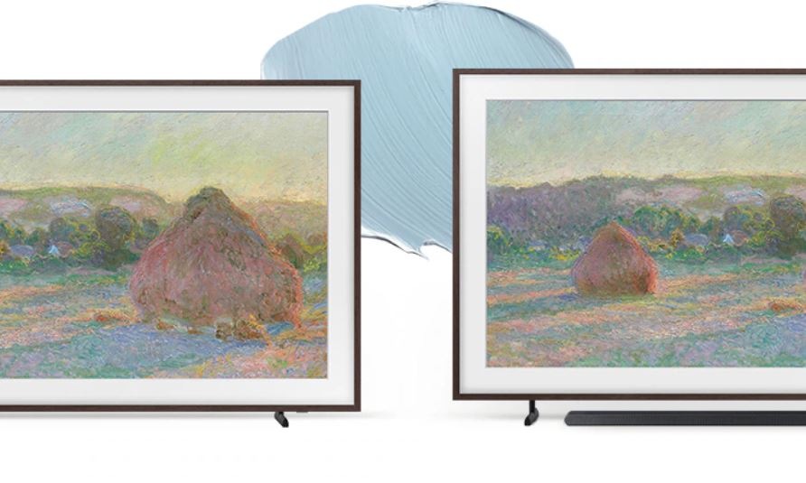 Umelecké dielo alebo televízor? To je The Frame 2026 od Samsungu Dva modely Samsung The Frame 2026 s detailom maliarskej farby v pozadí.